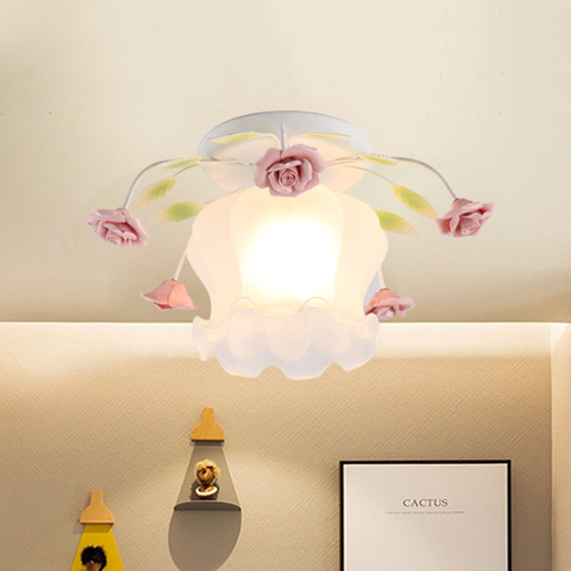 Yellow-Pink/White-Pink Flowerbud Cream Matte Glass Semi Flush Mount Ceiling Light for Corridors