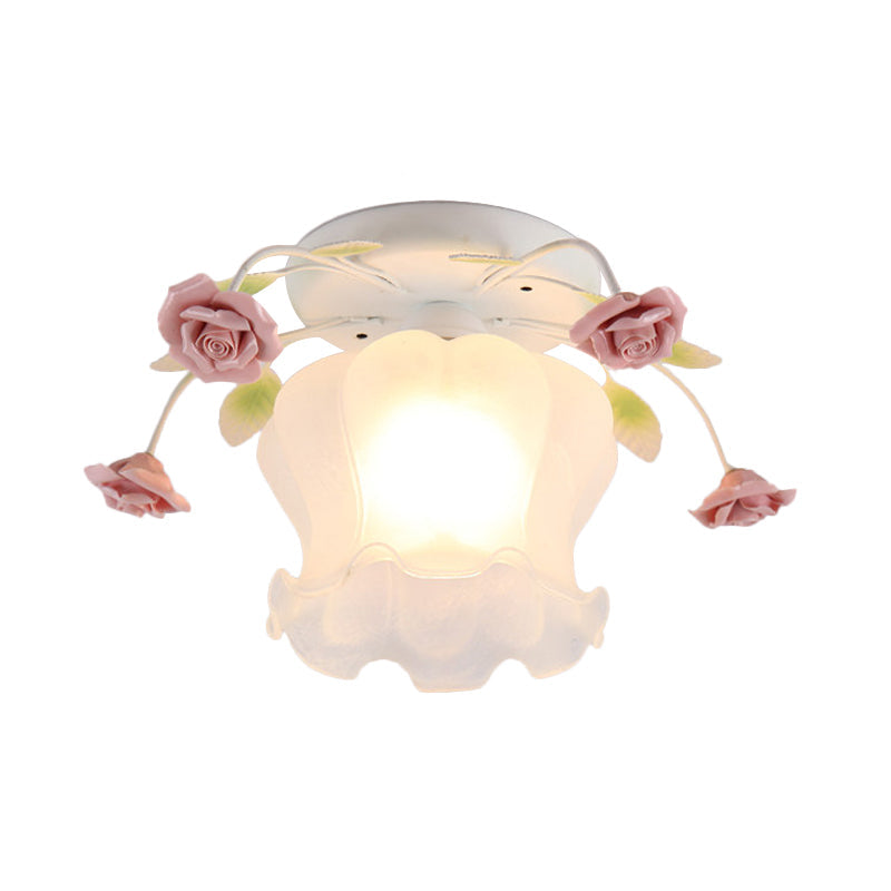 Yellow-Pink/White-Pink Flowerbud Cream Matte Glass Semi Flush Mount Ceiling Light for Corridors