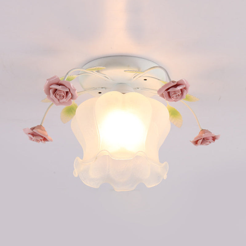 Yellow-Pink/White-Pink Flowerbud Cream Matte Glass Semi Flush Mount Ceiling Light for Corridors