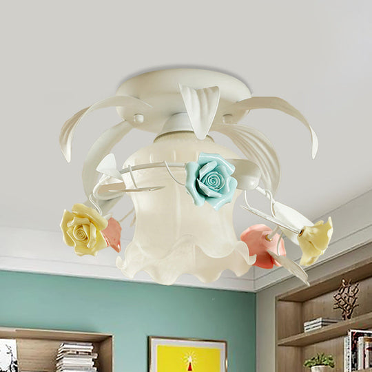 Korean Flower White/Green Frosted Glass Semi-Mount Ceiling Lamp with Single Flounce Trim