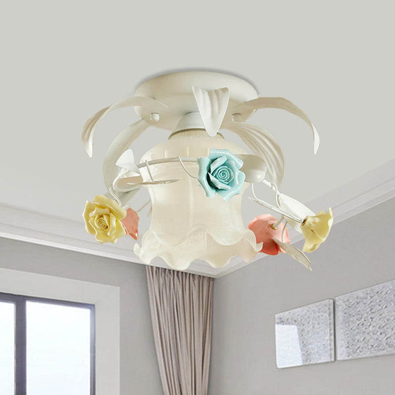 Korean Flower White/Green Frosted Glass Semi-Mount Ceiling Lamp with Single Flounce Trim