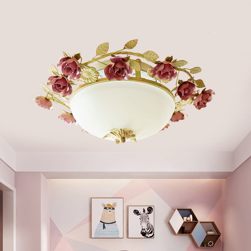 American Flower Bowl Ceiling Flush 3-Light Opal Frosted Glass Flushmount Lighting - Pink/Green