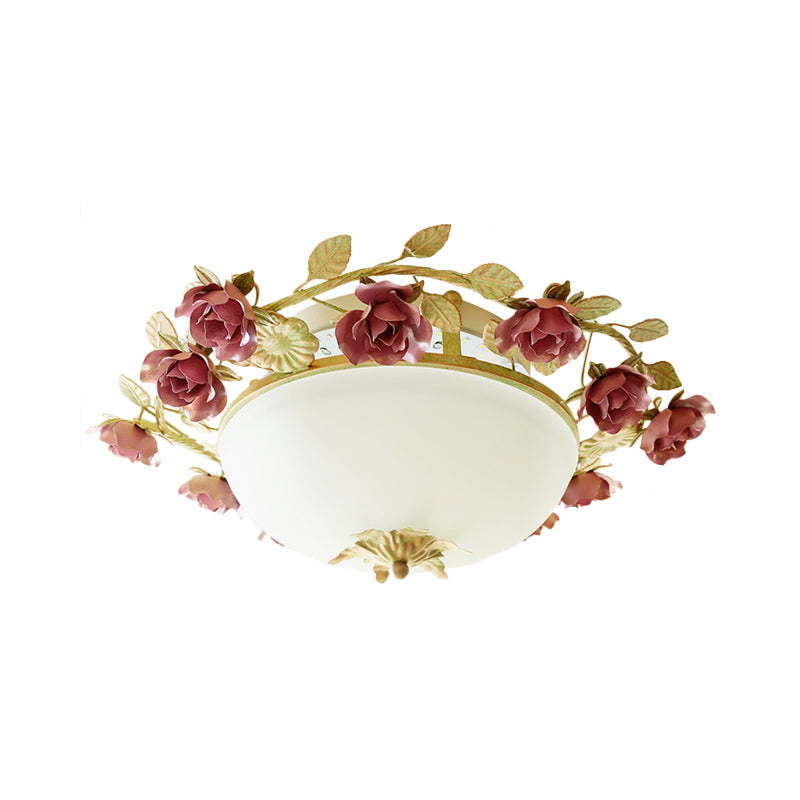 American Flower Bowl Ceiling Flush 3-Light Opal Frosted Glass Flushmount Lighting - Pink/Green