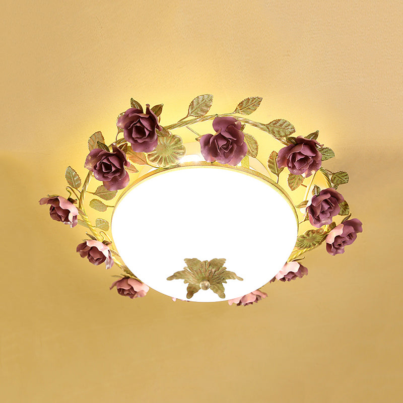 American Flower Bowl Ceiling Flush 3-Light Opal Frosted Glass Flushmount Lighting - Pink/Green