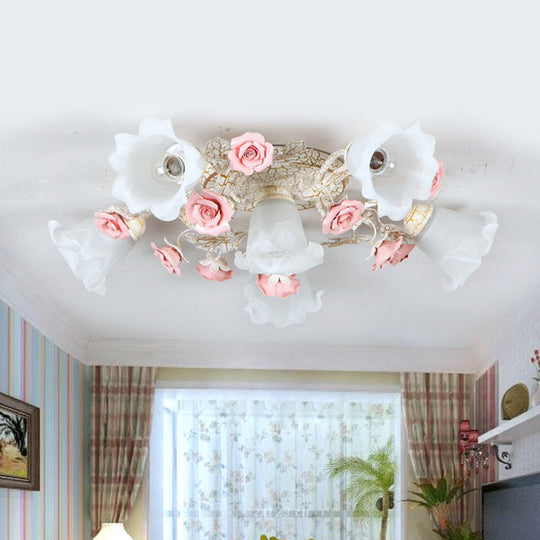 American Flower Milk Glass Morning Glory Ceiling Light - Pink Semi Flush Mount with 4/6 Heads