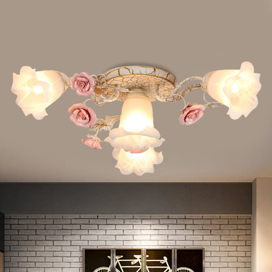 American Flower Milk Glass Morning Glory Ceiling Light - Pink Semi Flush Mount with 4/6 Heads