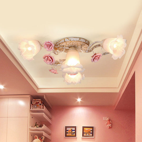 American Flower Milk Glass Morning Glory Ceiling Light - Pink Semi Flush Mount with 4/6 Heads