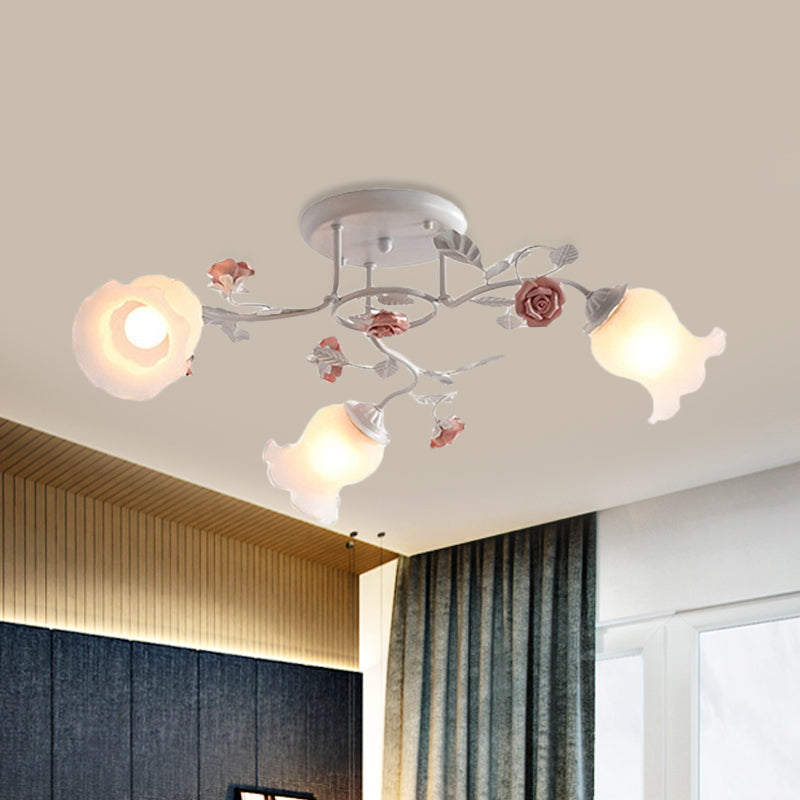 Frosted Glass Bud Semi Flush Chandelier In Pink/Blue/Blue-White - Ceiling Mount Lamp For Countryside