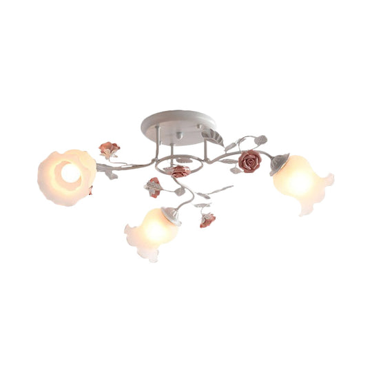 Frosted Glass Bud Semi Flush Chandelier In Pink/Blue/Blue-White - Ceiling Mount Lamp For Countryside