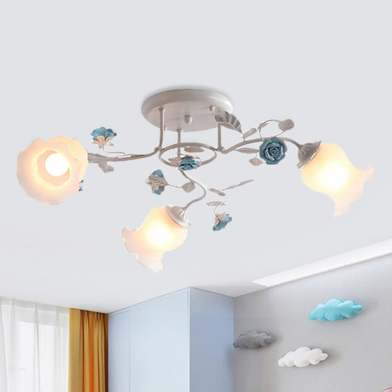 Frosted Glass Bud Semi Flush Chandelier In Pink/Blue/Blue-White - Ceiling Mount Lamp For Countryside