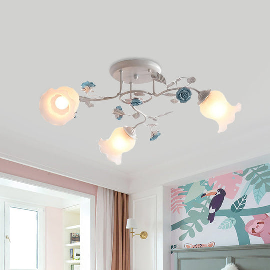 Frosted Glass Bud Semi Flush Chandelier in Pink/Blue/Blue-White - Ceiling Mount Lamp for Countryside Dining Room - 3/5/9-Bulb Option