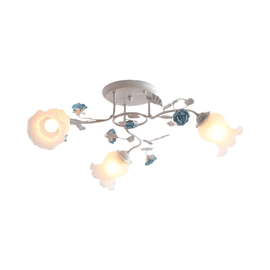 Frosted Glass Bud Semi Flush Chandelier in Pink/Blue/Blue-White - Ceiling Mount Lamp for Countryside Dining Room - 3/5/9-Bulb Option