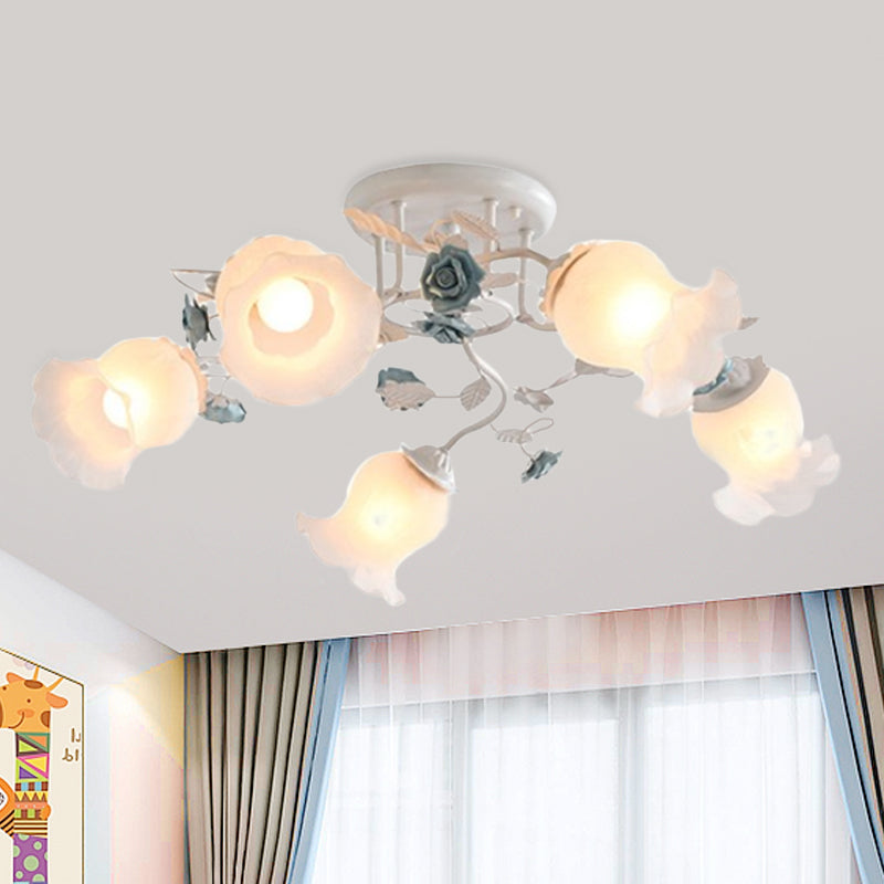 Frosted Glass Bud Semi Flush Chandelier In Pink/Blue/Blue-White - Ceiling Mount Lamp For Countryside