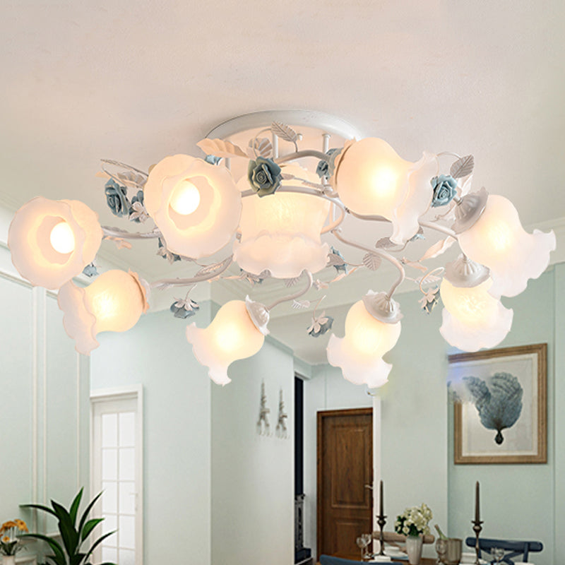 Frosted Glass Bud Semi Flush Chandelier in Pink/Blue/Blue-White - Ceiling Mount Lamp for Countryside Dining Room - 3/5/9-Bulb Option