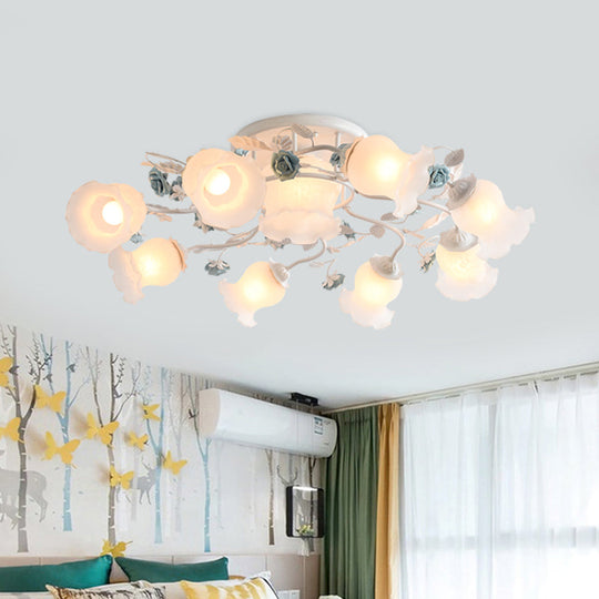 Frosted Glass Bud Semi Flush Chandelier In Pink/Blue/Blue-White - Ceiling Mount Lamp For Countryside