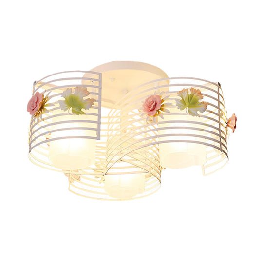 Korean Flower Swirled Iron Semi-Flush 3-Light Ceiling Lamp with Matte Glass Shade