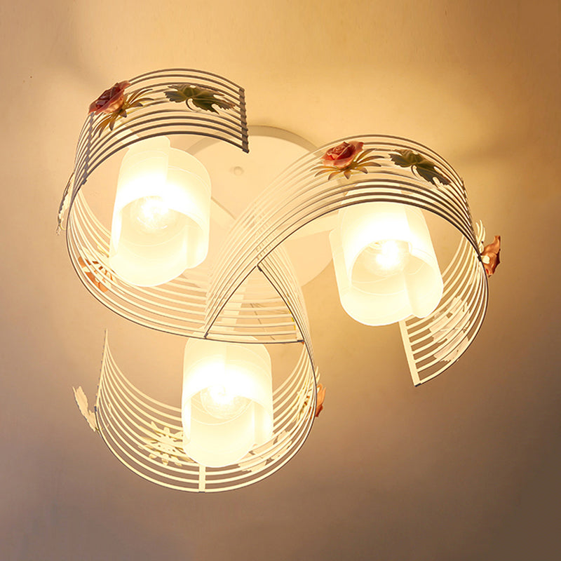 Korean Flower Swirled Iron Semi-Flush 3-Light Ceiling Lamp with Matte Glass Shade