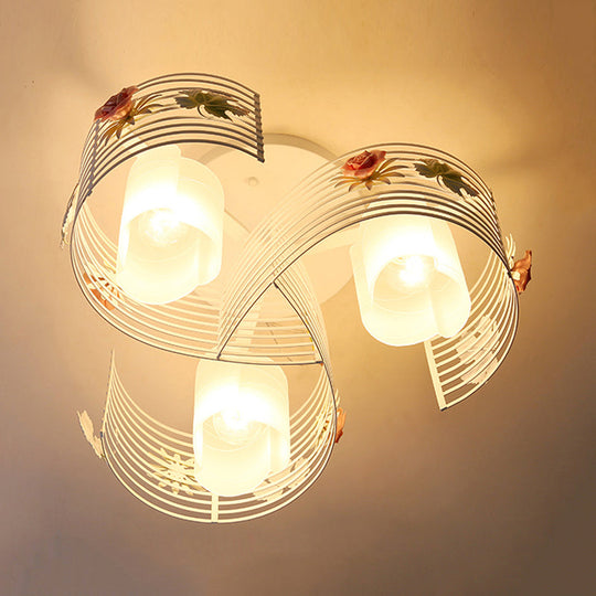 Korean Flower Swirled Iron Semi-Flush 3-Light Ceiling Lamp with Matte Glass Shade