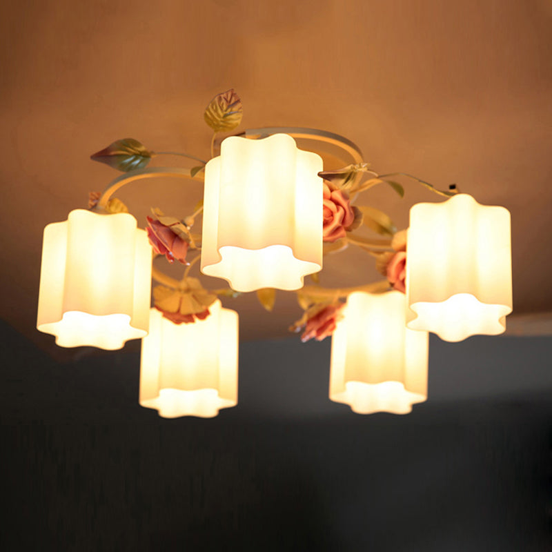 Romantic Pastoral Floral Ceiling Flush Chandelier - 3/5-Head, White/Yellow with Frosted Glass - Semi Flush Mount