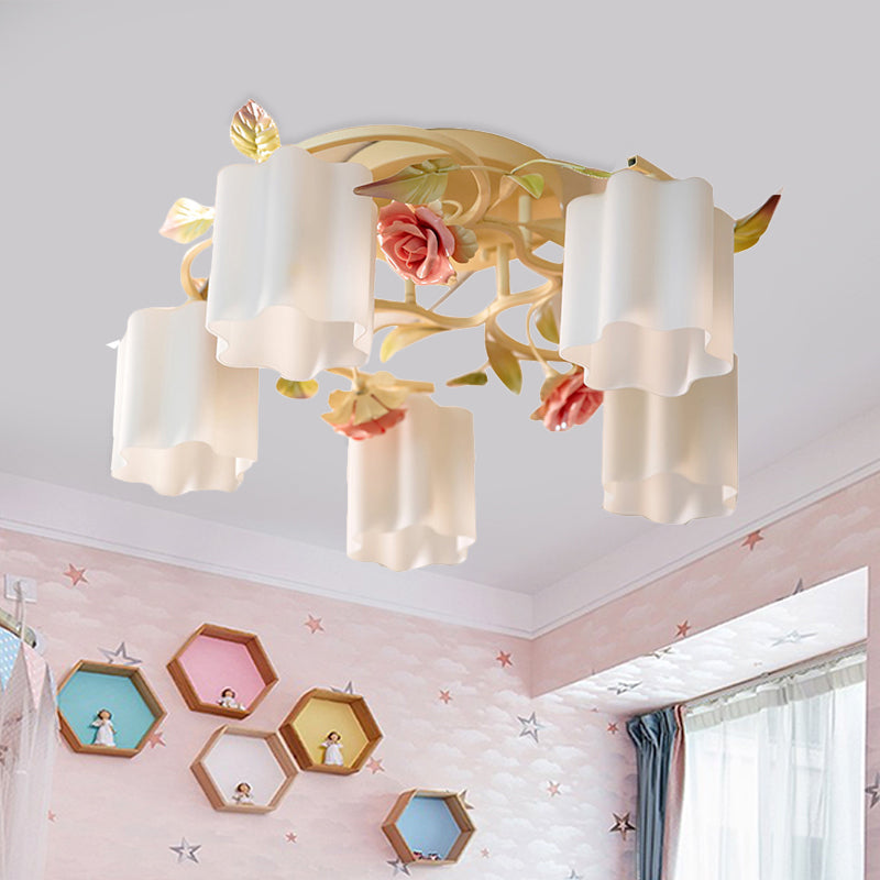 Romantic Pastoral Floral Ceiling Flush Chandelier - 3/5-Head, White/Yellow with Frosted Glass - Semi Flush Mount