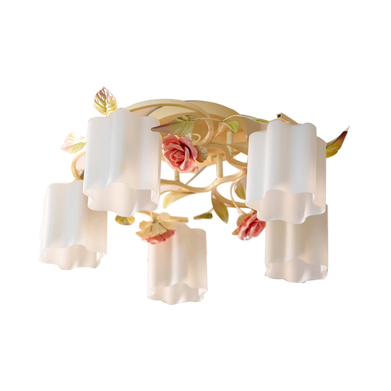 Romantic Pastoral Floral Ceiling Flush Chandelier - 3/5-Head, White/Yellow with Frosted Glass - Semi Flush Mount