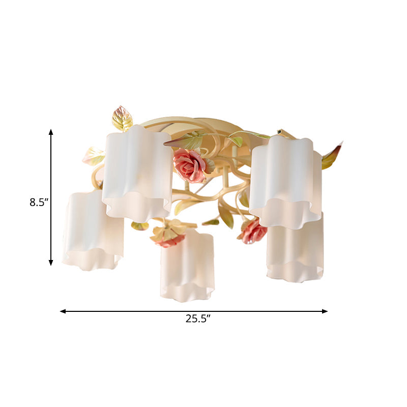 Romantic Pastoral Floral Ceiling Flush Chandelier - 3/5-Head, White/Yellow with Frosted Glass - Semi Flush Mount