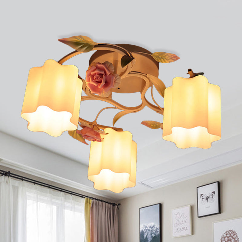 Romantic Pastoral Floral Ceiling Flush Chandelier - 3/5-Head, White/Yellow with Frosted Glass - Semi Flush Mount