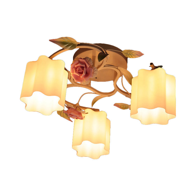 Romantic Pastoral Floral Ceiling Flush Chandelier - 3/5-Head, White/Yellow with Frosted Glass - Semi Flush Mount