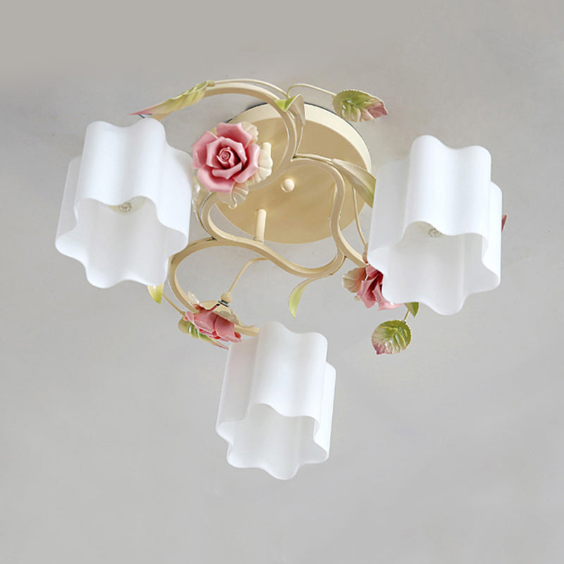 Romantic Pastoral Floral Ceiling Flush Chandelier - 3/5-Head, White/Yellow with Frosted Glass - Semi Flush Mount