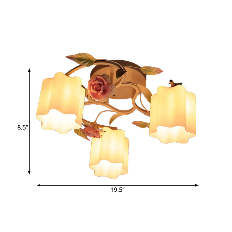 Romantic Pastoral Floral Ceiling Flush Chandelier - 3/5-Head, White/Yellow with Frosted Glass - Semi Flush Mount