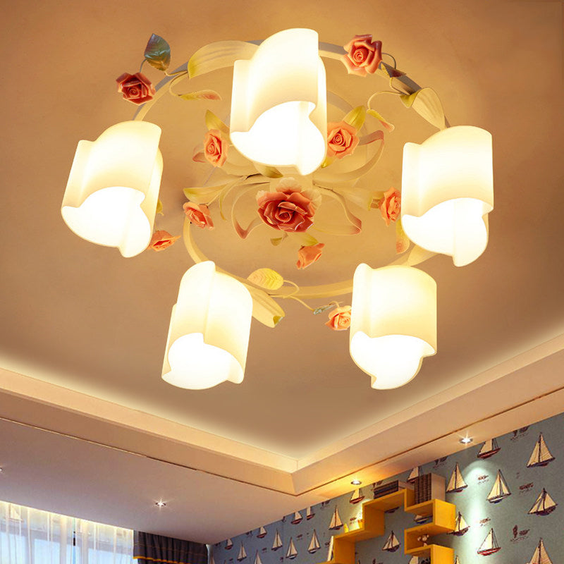 Romantic Pastoral Floral Ceiling Flush Chandelier - 3/5-Head White/Yellow With Frosted Glass Semi