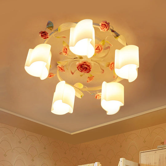 Romantic Pastoral Floral Ceiling Flush Chandelier - 3/5-Head, White/Yellow with Frosted Glass - Semi Flush Mount