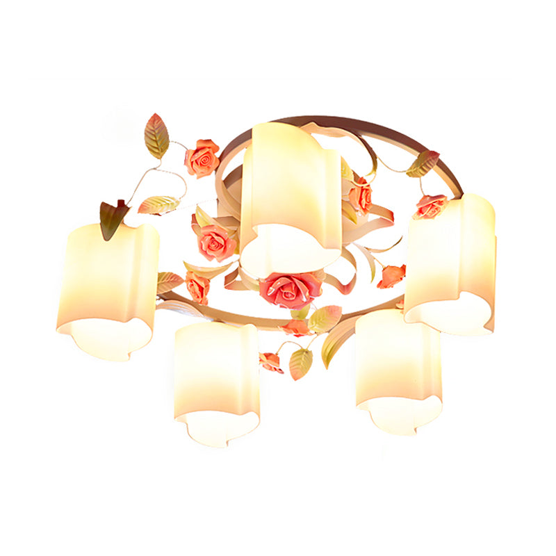 Romantic Pastoral Floral Ceiling Flush Chandelier - 3/5-Head, White/Yellow with Frosted Glass - Semi Flush Mount