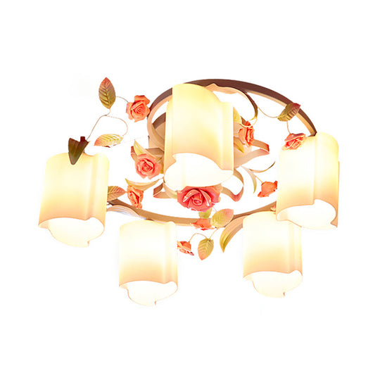 Romantic Pastoral Floral Ceiling Flush Chandelier - 3/5-Head, White/Yellow with Frosted Glass - Semi Flush Mount