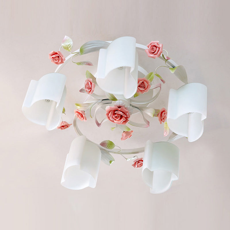 Romantic Pastoral Floral Ceiling Flush Chandelier - 3/5-Head, White/Yellow with Frosted Glass - Semi Flush Mount