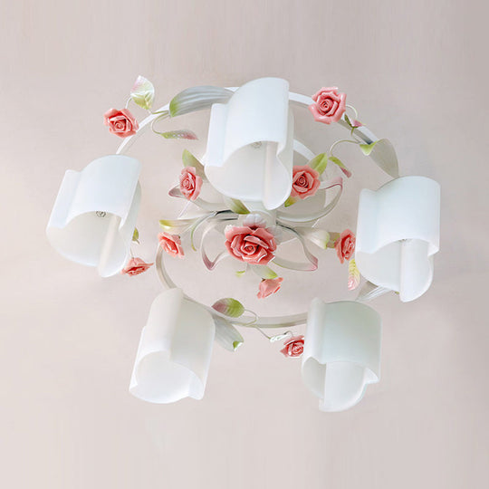 Romantic Pastoral Floral Ceiling Flush Chandelier - 3/5-Head White/Yellow With Frosted Glass Semi