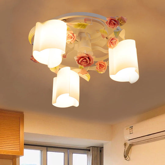 Romantic Pastoral Floral Ceiling Flush Chandelier - 3/5-Head, White/Yellow with Frosted Glass - Semi Flush Mount