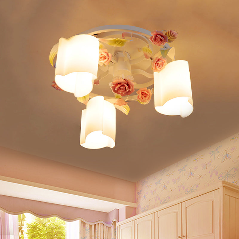 Romantic Pastoral Floral Ceiling Flush Chandelier - 3/5-Head, White/Yellow with Frosted Glass - Semi Flush Mount