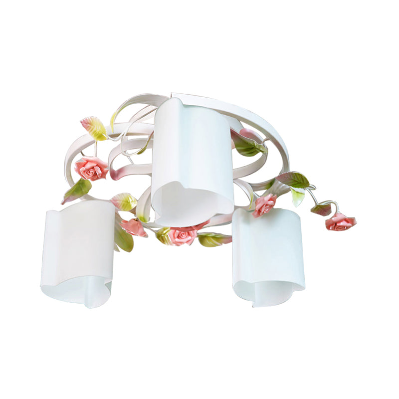 Romantic Pastoral Floral Ceiling Flush Chandelier - 3/5-Head, White/Yellow with Frosted Glass - Semi Flush Mount