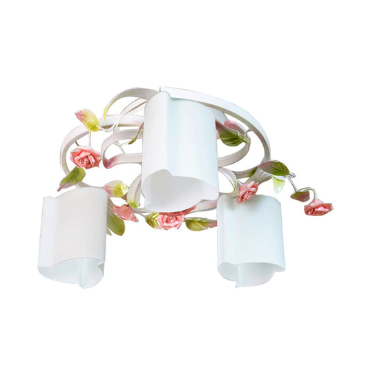 Romantic Pastoral Floral Ceiling Flush Chandelier - 3/5-Head, White/Yellow with Frosted Glass - Semi Flush Mount