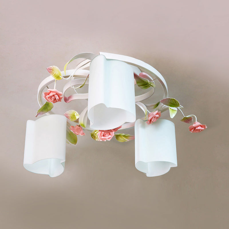 Romantic Pastoral Floral Ceiling Flush Chandelier - 3/5-Head, White/Yellow with Frosted Glass - Semi Flush Mount