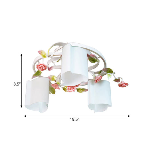 Romantic Pastoral Floral Ceiling Flush Chandelier - 3/5-Head, White/Yellow with Frosted Glass - Semi Flush Mount