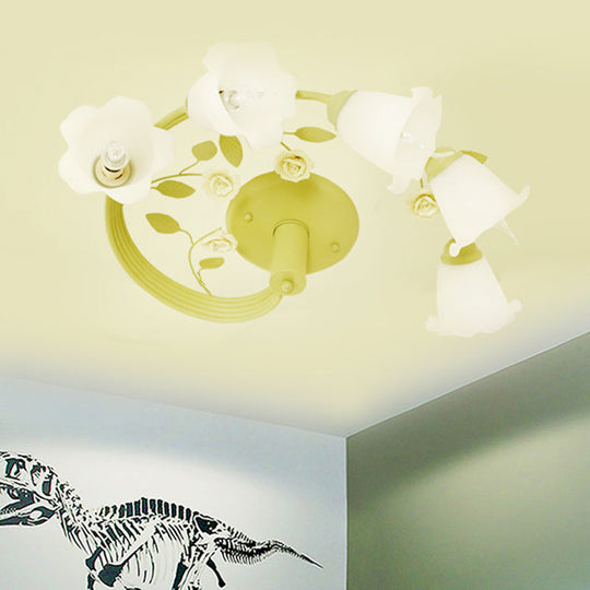 Pastoral 5-Light Semi Flush Ceiling Light with Green Twisted Vine and Milk Glass Flowers