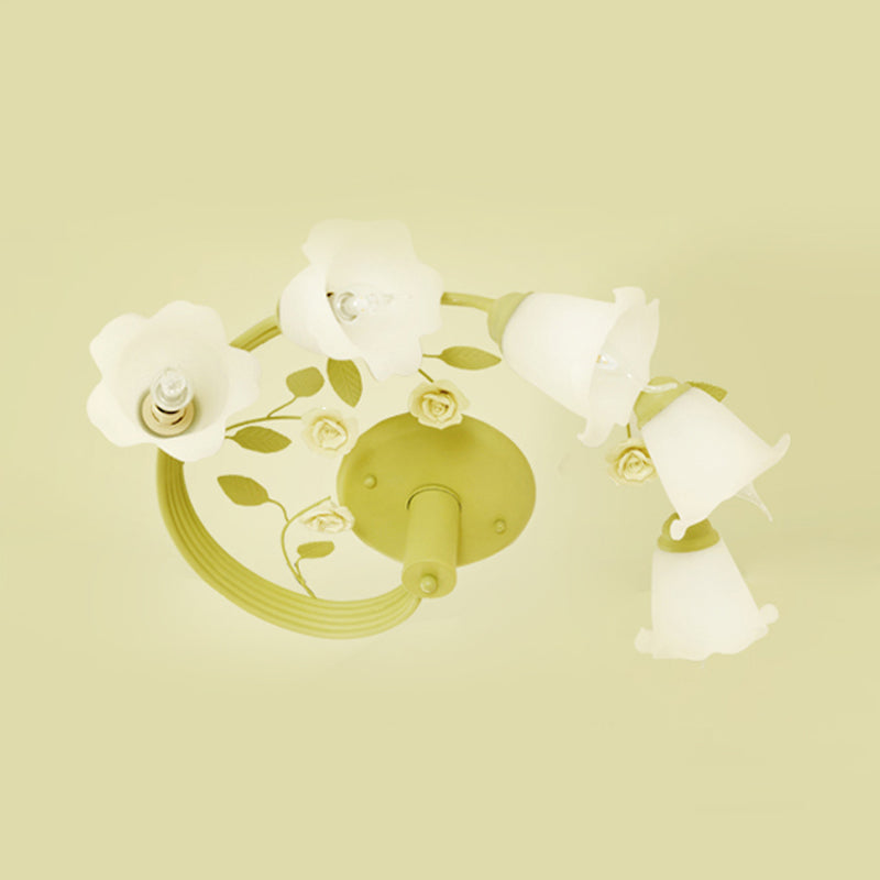 Pastoral 5-Light Semi Flush Ceiling Light with Green Twisted Vine and Milk Glass Flowers