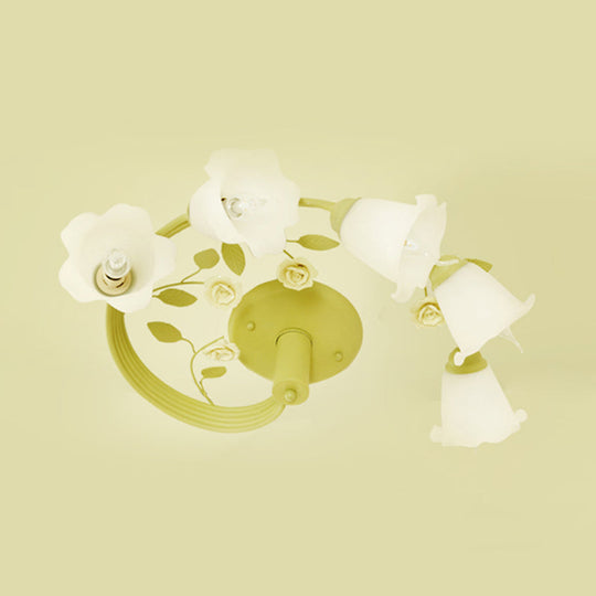 Pastoral 5-Light Semi Flush Ceiling Light with Green Twisted Vine and Milk Glass Flowers