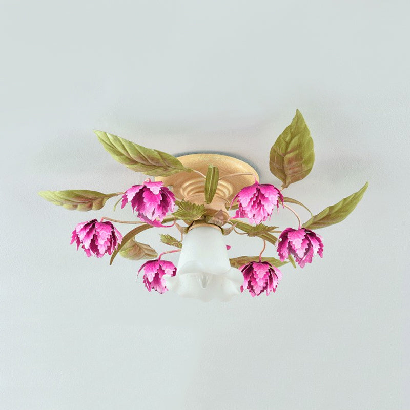 Korean Garden Semi Flush Ceiling Light With Frosted Glass Flowering Design In Rose Red For Corridor