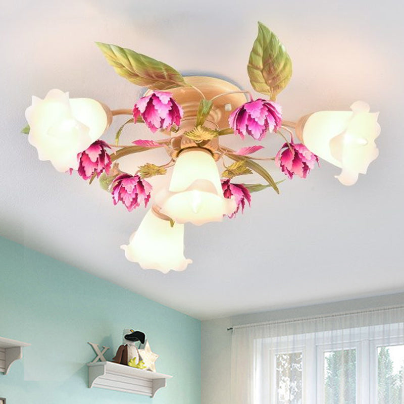 Korean Garden Semi Flush Ceiling Light with Frosted Glass Flowering Design in Rose Red for Corridor