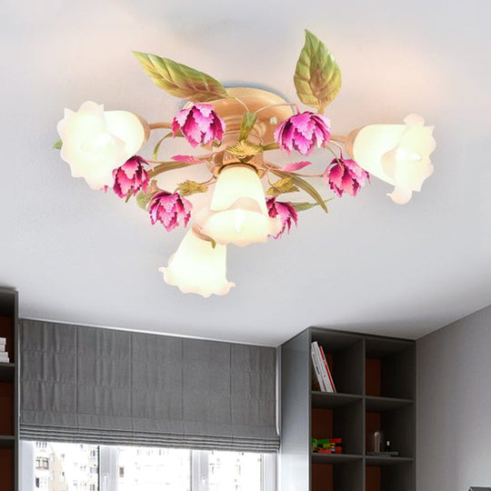 Korean Garden Semi Flush Ceiling Light with Frosted Glass Flowering Design in Rose Red for Corridor