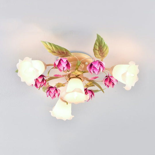 Korean Garden Semi Flush Ceiling Light with Frosted Glass Flowering Design in Rose Red for Corridor