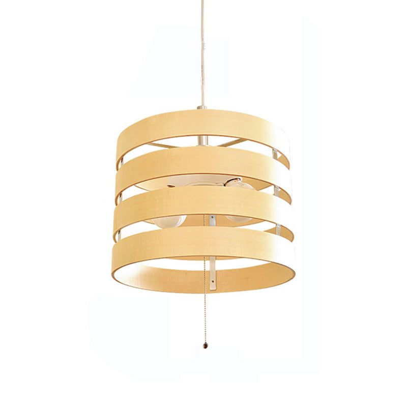 Modern Beige Pendant Chandelier With Pull Chain - Wood Cylinder Frame 2 Bulbs Included